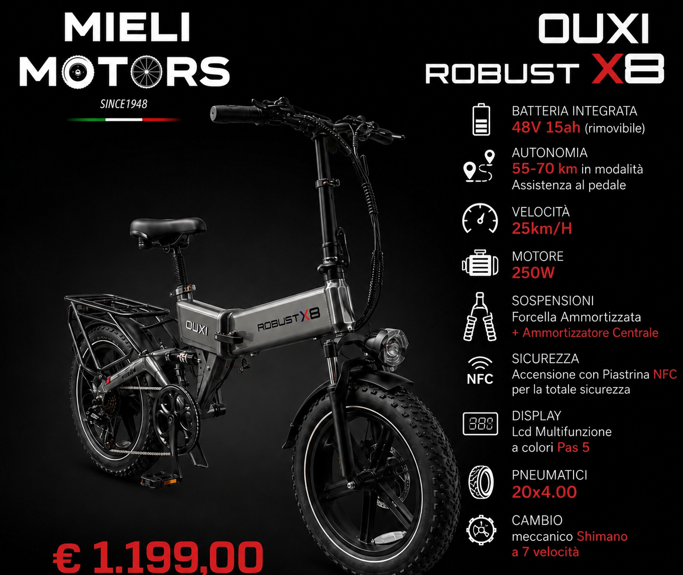 E-Bike Ouxi Robust X8 - Motore 250W - Batteria 48V 15ah - NFC - Full